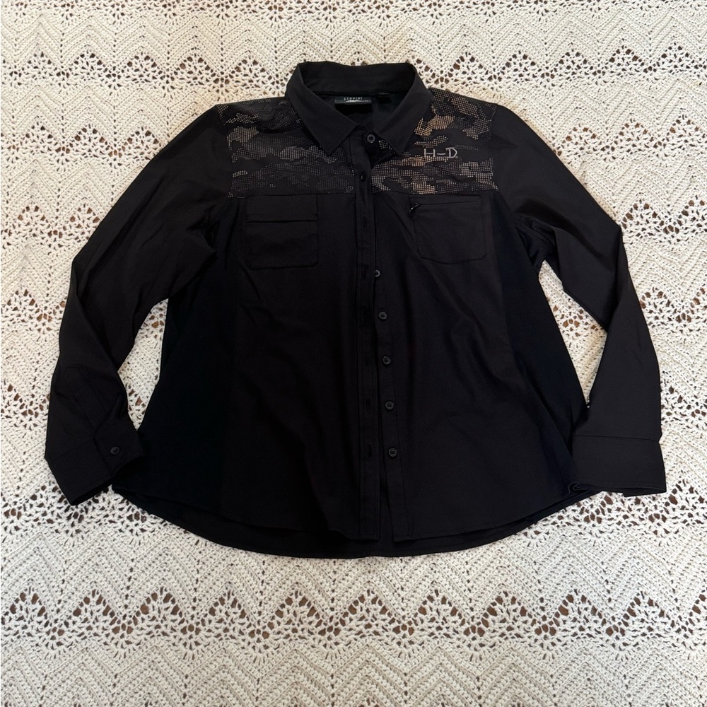 Harley Davidson Performance Shirt Women's Black Camo Reflective
Button Up SZ 1W